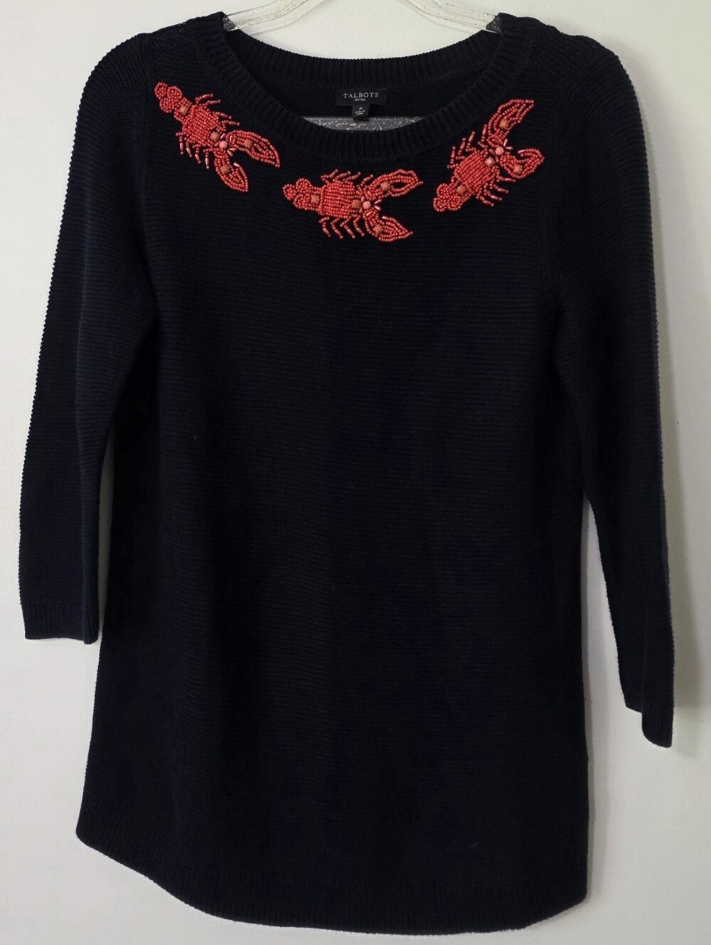 Talbots Beaded Lobster Navy Cotton Sweater Nautical New England Preppy XS Petite
